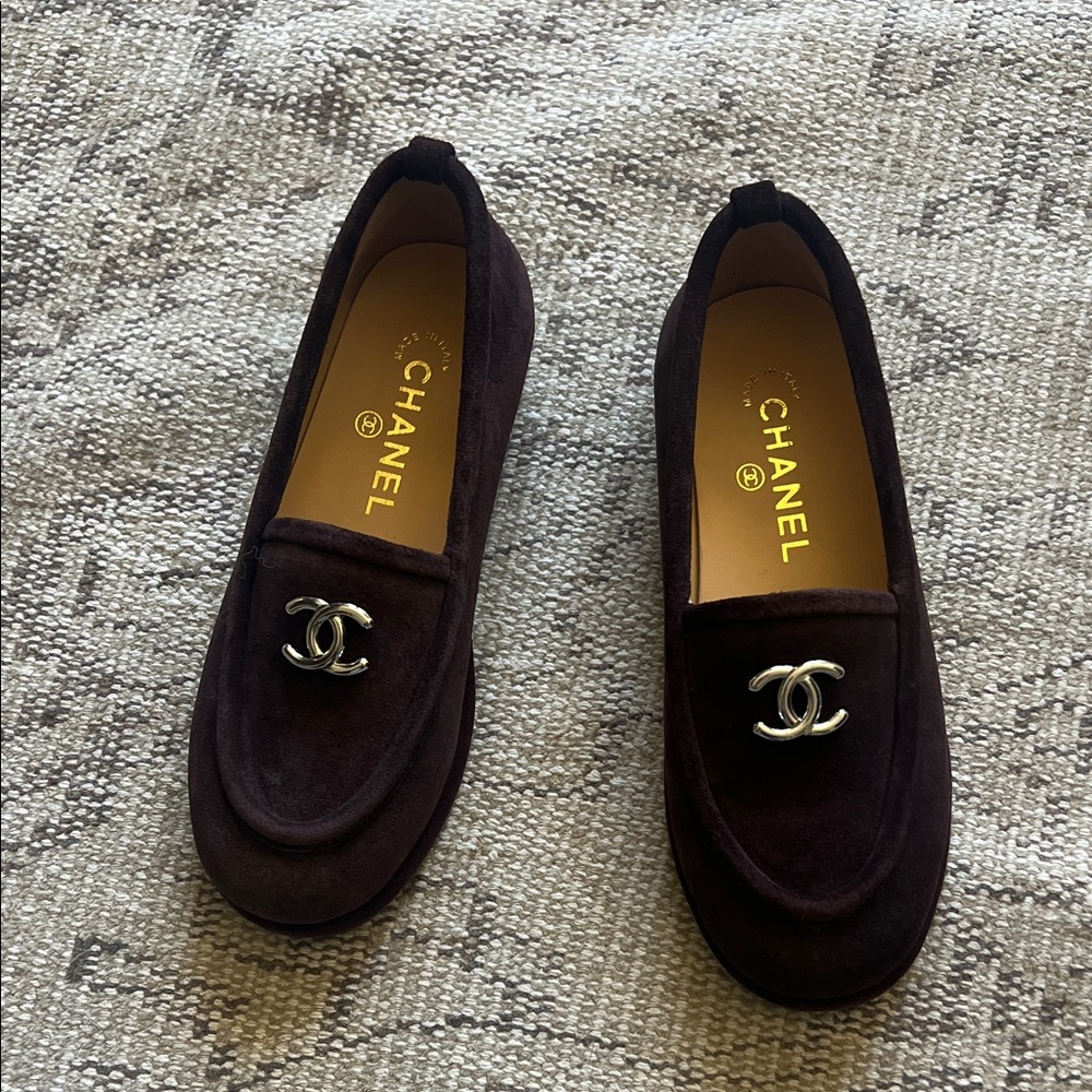 CHANEL Dark Brown Suede Loafers with Silver Emblem